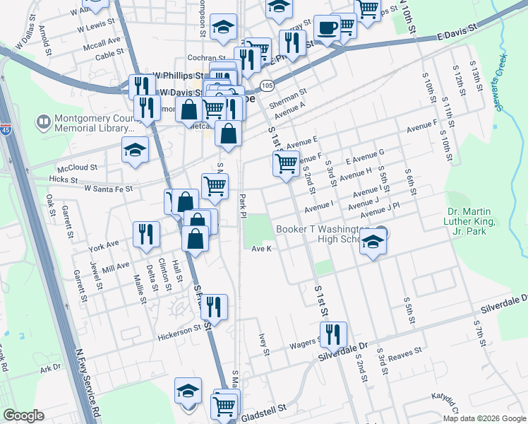 map of restaurants, bars, coffee shops, grocery stores, and more near 206 Avenue I in Conroe