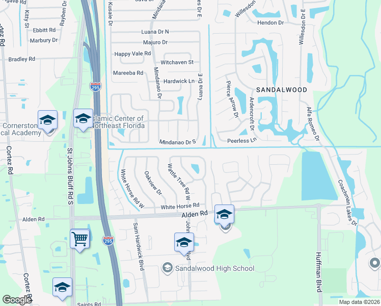 map of restaurants, bars, coffee shops, grocery stores, and more near 11765 Wattle Tree Road West in Jacksonville