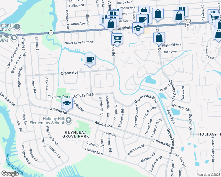 map of restaurants, bars, coffee shops, grocery stores, and more near 7260 Holiday Hill Court in Jacksonville