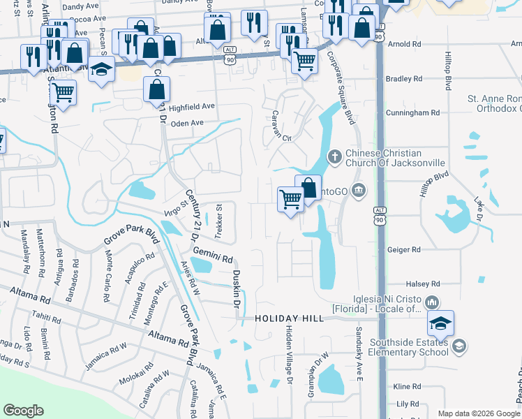 map of restaurants, bars, coffee shops, grocery stores, and more near 8810 Corporate Square Ct in Jacksonville