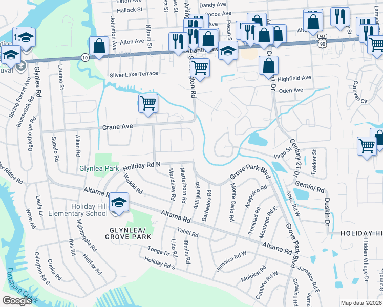 map of restaurants, bars, coffee shops, grocery stores, and more near 7260 Holiday Hill Court in Jacksonville