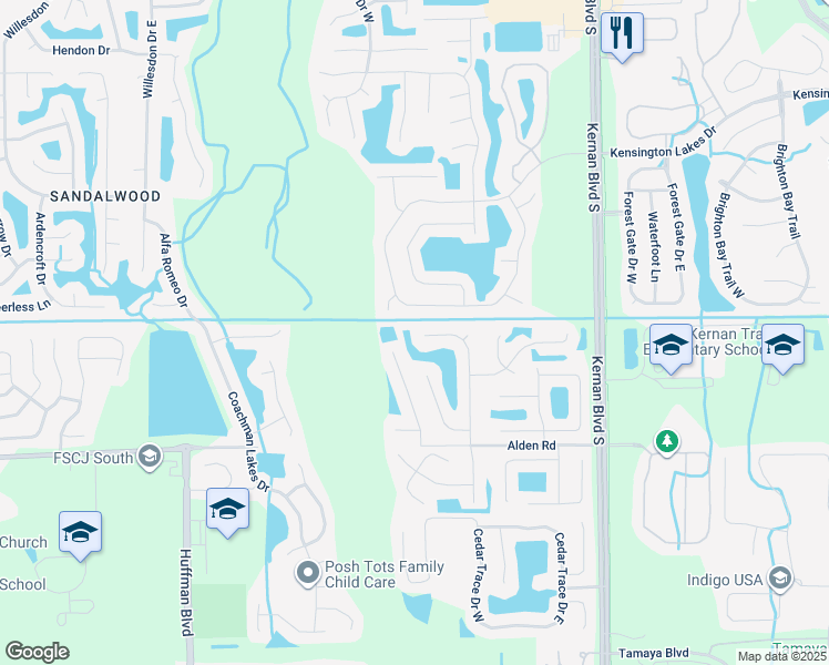 map of restaurants, bars, coffee shops, grocery stores, and more near 12009 Walkers Glen Lane North in Jacksonville
