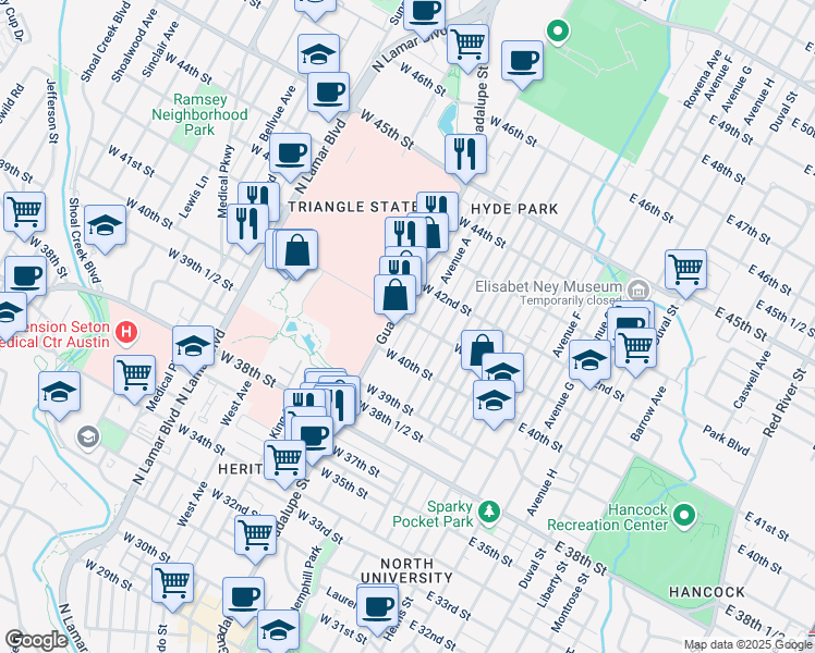 map of restaurants, bars, coffee shops, grocery stores, and more near 511 West 41st Street in Austin