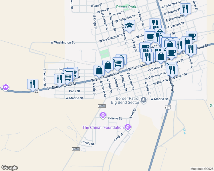 map of restaurants, bars, coffee shops, grocery stores, and more near 911 West Dallas Street in Marfa