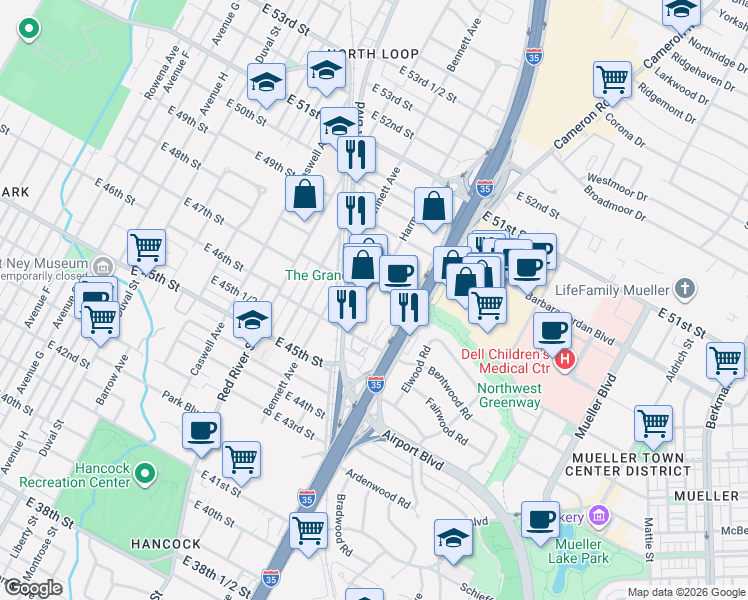 map of restaurants, bars, coffee shops, grocery stores, and more near 4707 Harmon Avenue in Austin