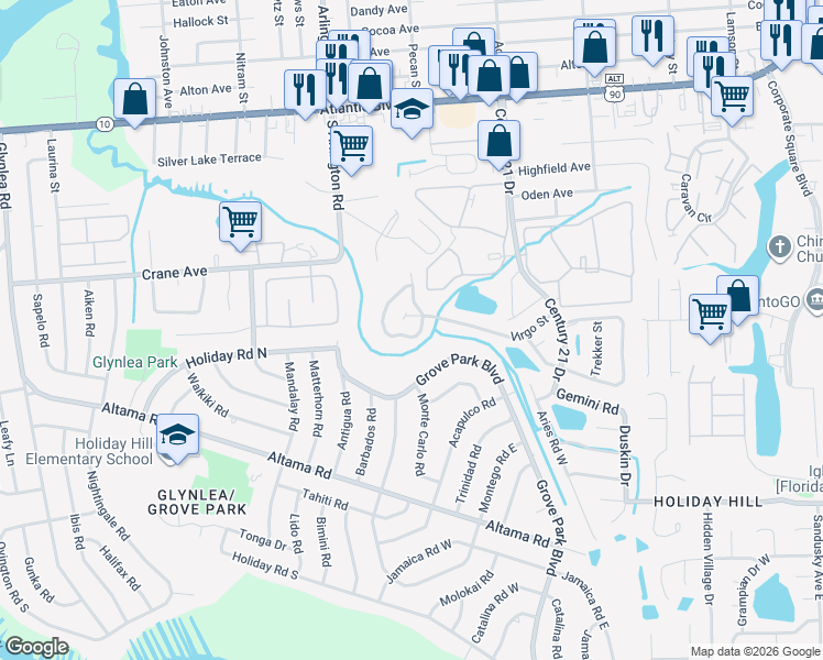 map of restaurants, bars, coffee shops, grocery stores, and more near 7837 Aquarius Circle South in Jacksonville