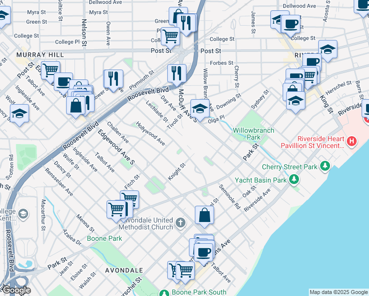 map of restaurants, bars, coffee shops, grocery stores, and more near 1399 Belvedere Avenue in Jacksonville