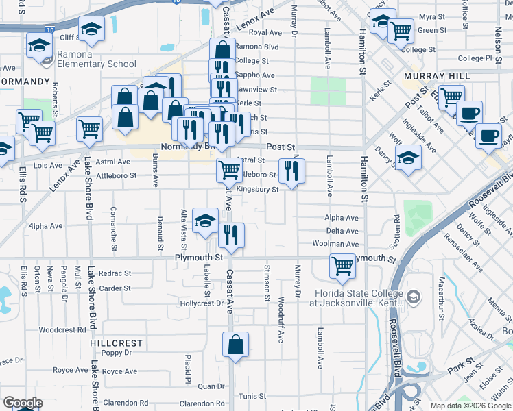 map of restaurants, bars, coffee shops, grocery stores, and more near 1122 Woodruff Avenue in Jacksonville