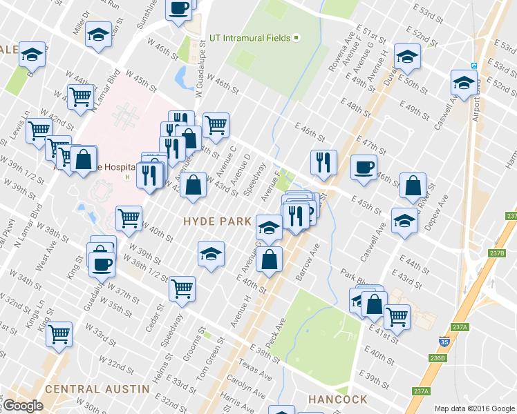 map of restaurants, bars, coffee shops, grocery stores, and more near 4298 Avenue F in Austin