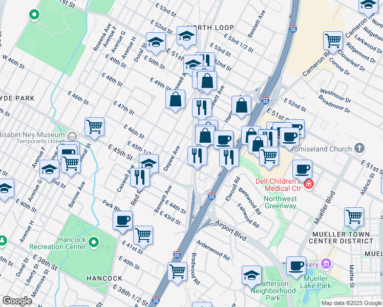 map of restaurants, bars, coffee shops, grocery stores, and more near 4611 Bennett Avenue in Austin