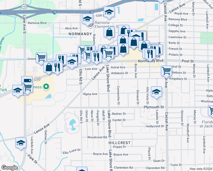 map of restaurants, bars, coffee shops, grocery stores, and more near 1118 Lake Shore Boulevard in Jacksonville