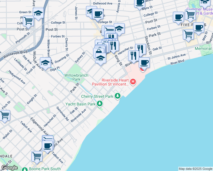 map of restaurants, bars, coffee shops, grocery stores, and more near 2810 Riverside Avenue in Jacksonville