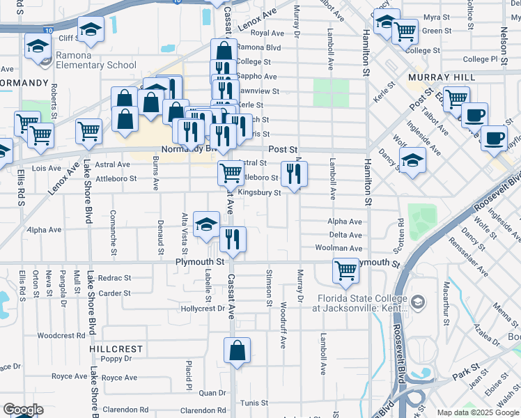 map of restaurants, bars, coffee shops, grocery stores, and more near in Jacksonville