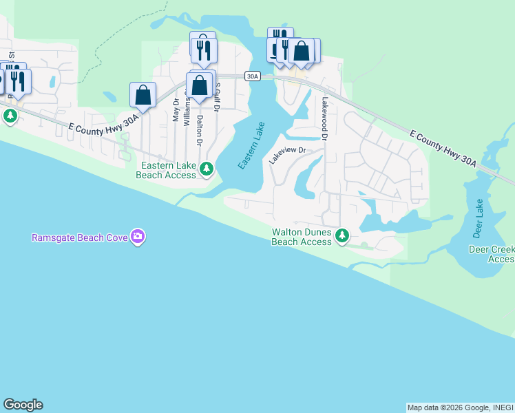 map of restaurants, bars, coffee shops, grocery stores, and more near 107 San Roy Road in Santa Rosa Beach