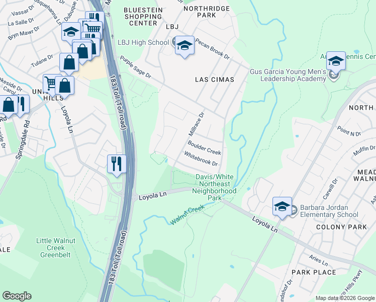 map of restaurants, bars, coffee shops, grocery stores, and more near 5700 Whitebrook Drive in Austin
