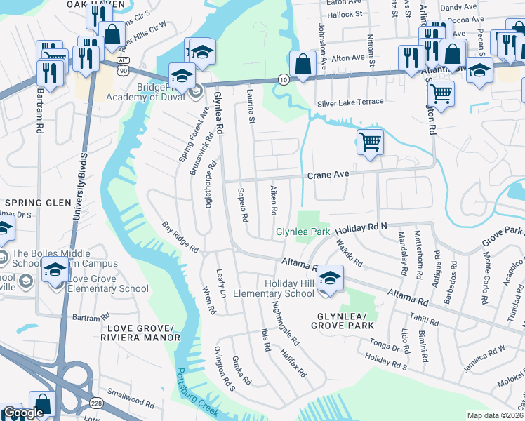 map of restaurants, bars, coffee shops, grocery stores, and more near 507 Laurina Street in Jacksonville