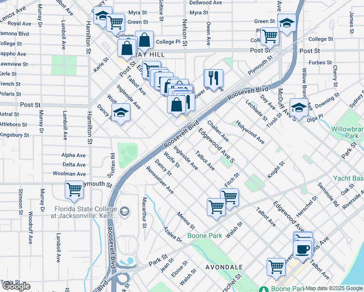 map of restaurants, bars, coffee shops, grocery stores, and more near 3560 Ola Street in Jacksonville