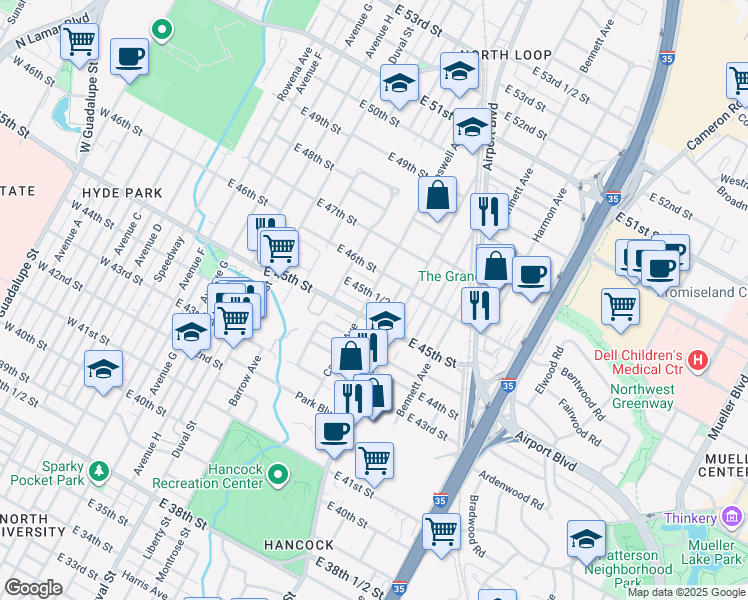 map of restaurants, bars, coffee shops, grocery stores, and more near 4507 Caswell Avenue in Austin