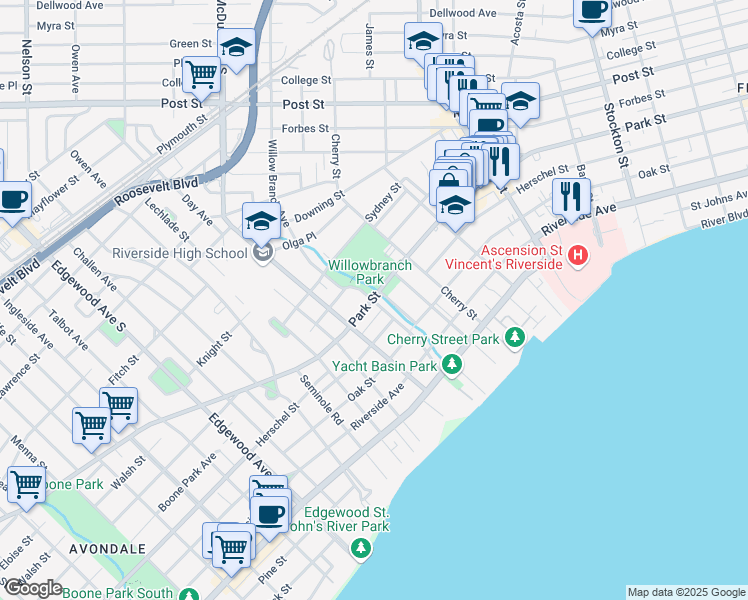 map of restaurants, bars, coffee shops, grocery stores, and more near 2900 Park Street in Jacksonville