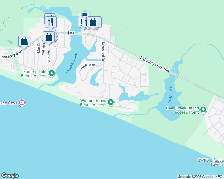 map of restaurants, bars, coffee shops, grocery stores, and more near 93 Beachfront Trail in Santa Rosa Beach
