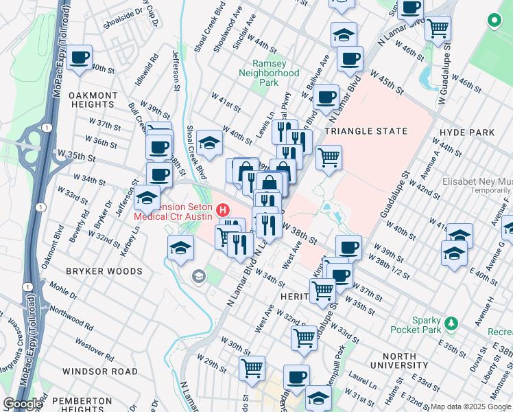 map of restaurants, bars, coffee shops, grocery stores, and more near 1106 West 38th Street in Austin