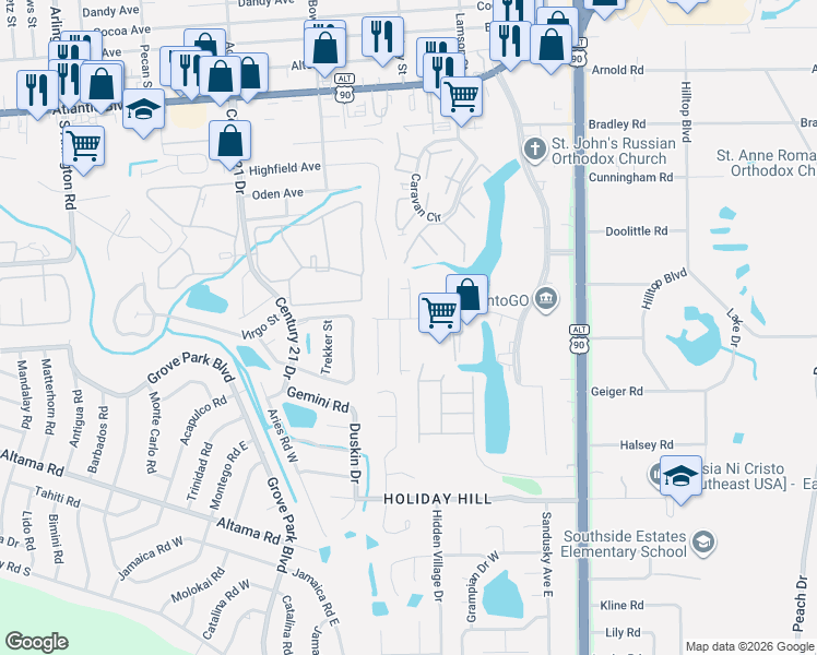 map of restaurants, bars, coffee shops, grocery stores, and more near 8810 Corporate Square Ct in Jacksonville