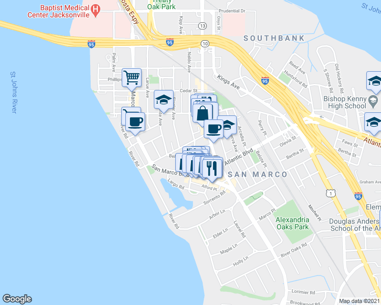 map of restaurants, bars, coffee shops, grocery stores, and more near 1840 Naldo Avenue in Jacksonville