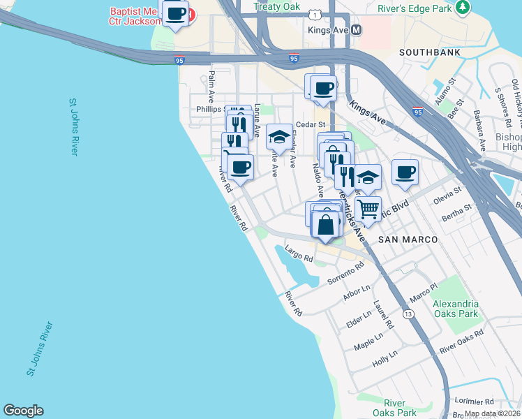 map of restaurants, bars, coffee shops, grocery stores, and more near 1738 Moro Avenue in Jacksonville