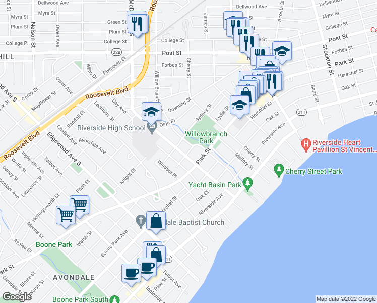 map of restaurants, bars, coffee shops, grocery stores, and more near 1321 McDuff Avenue South in Jacksonville
