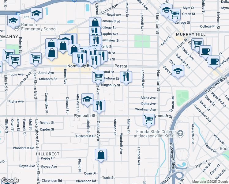 map of restaurants, bars, coffee shops, grocery stores, and more near in Jacksonville