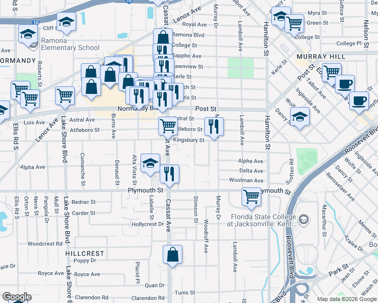map of restaurants, bars, coffee shops, grocery stores, and more near in Jacksonville