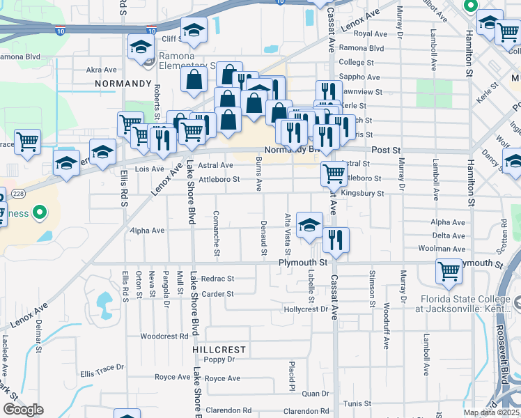 map of restaurants, bars, coffee shops, grocery stores, and more near 2 Denaud Street in Jacksonville
