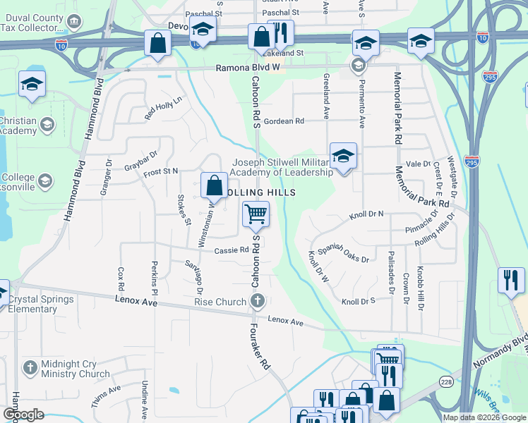 map of restaurants, bars, coffee shops, grocery stores, and more near 8057 Graff Lane in Jacksonville