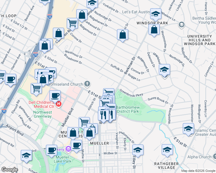 map of restaurants, bars, coffee shops, grocery stores, and more near 5200 Knight Circle in Austin