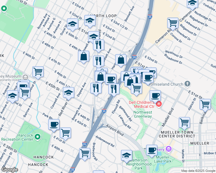 map of restaurants, bars, coffee shops, grocery stores, and more near 4707 Harmon Avenue in Austin