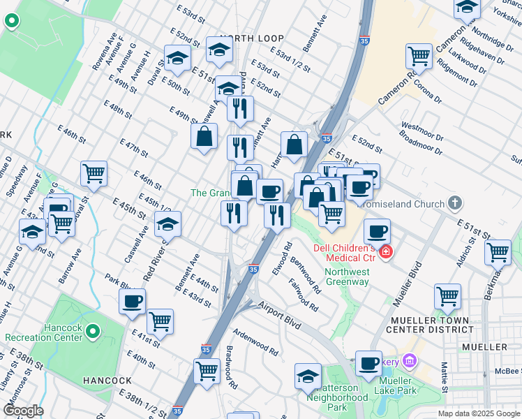 map of restaurants, bars, coffee shops, grocery stores, and more near 4707 Harmon Avenue in Austin