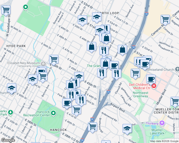map of restaurants, bars, coffee shops, grocery stores, and more near 4601B Depew Avenue in Austin