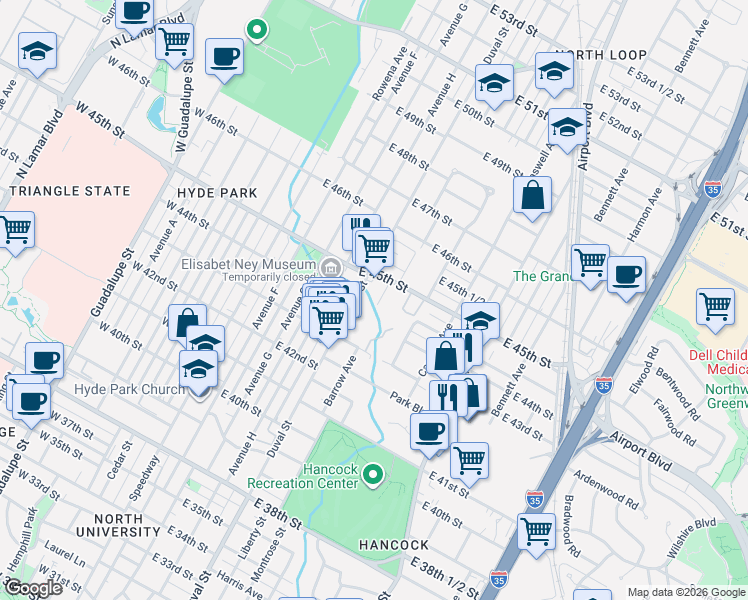 map of restaurants, bars, coffee shops, grocery stores, and more near in Austin
