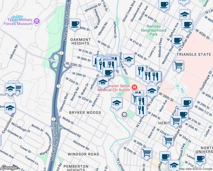 map of restaurants, bars, coffee shops, grocery stores, and more near 1510 West 34th Street in Austin