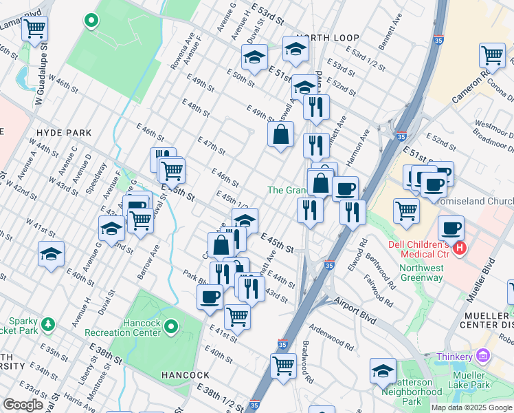 map of restaurants, bars, coffee shops, grocery stores, and more near 4518 Red River Street in Austin