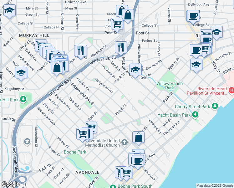 map of restaurants, bars, coffee shops, grocery stores, and more near 3348 Fitch Street in Jacksonville