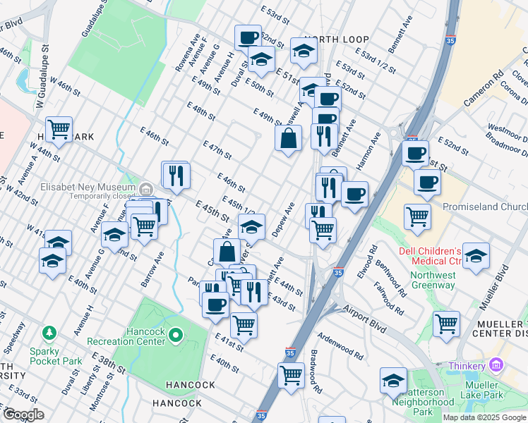 map of restaurants, bars, coffee shops, grocery stores, and more near 4518 Red River Street in Austin