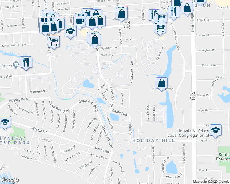 map of restaurants, bars, coffee shops, grocery stores, and more near 713 Century 21 Drive in Jacksonville