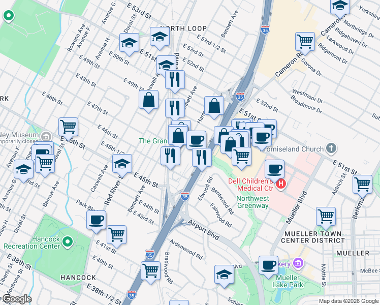 map of restaurants, bars, coffee shops, grocery stores, and more near 4709 Harmon Avenue in Austin