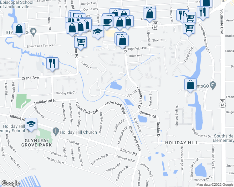 map of restaurants, bars, coffee shops, grocery stores, and more near 8049 Virgo Street in Jacksonville