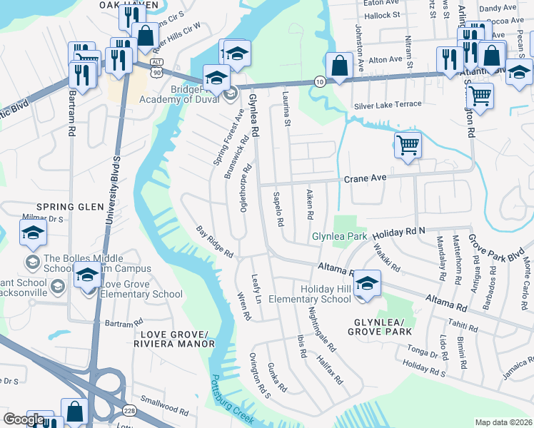 map of restaurants, bars, coffee shops, grocery stores, and more near 529 Glynlea Road in Jacksonville