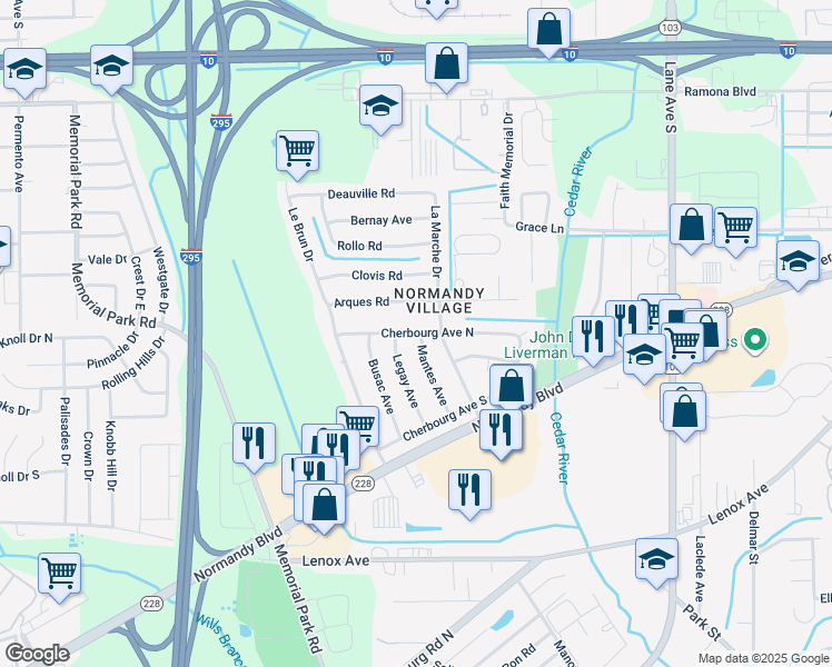 map of restaurants, bars, coffee shops, grocery stores, and more near 6925 Cherbourg Avenue North in Jacksonville