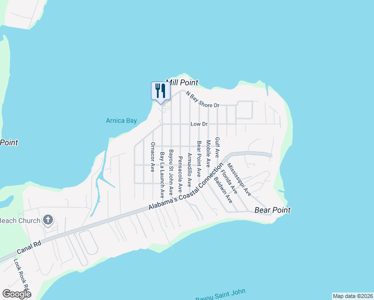 map of restaurants, bars, coffee shops, grocery stores, and more near 5525 Armadillo Avenue in Orange Beach