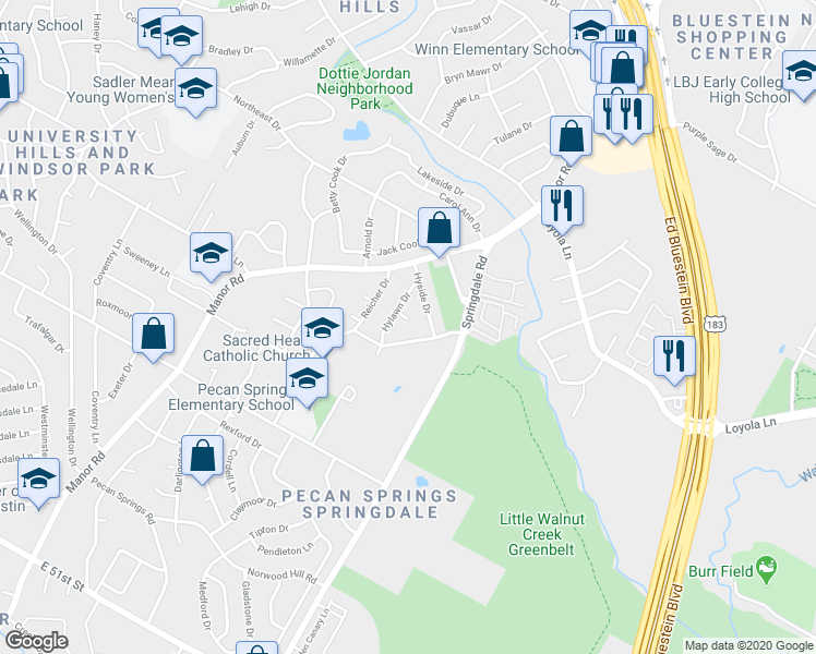 map of restaurants, bars, coffee shops, grocery stores, and more near 3305 Hyclimb Circle in Austin