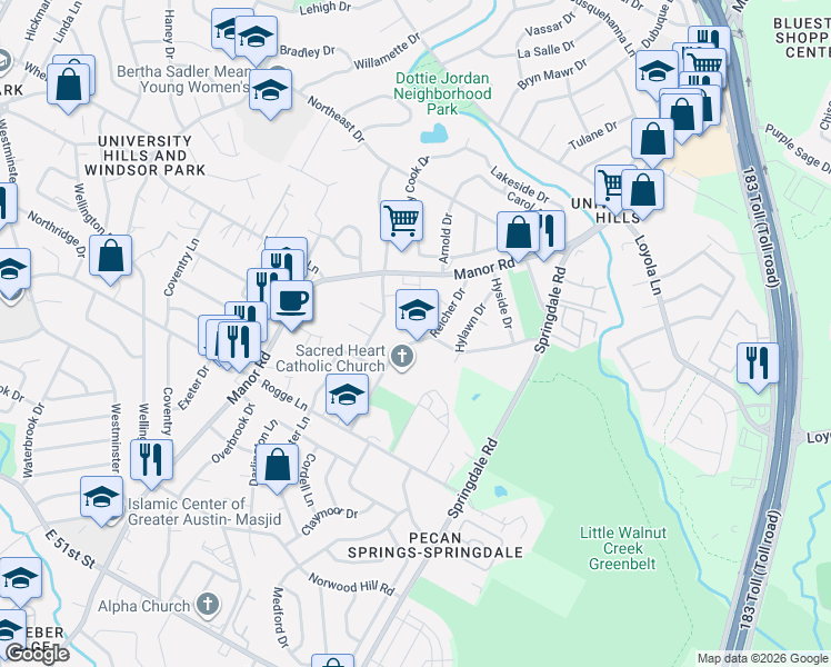 map of restaurants, bars, coffee shops, grocery stores, and more near 6102 Reicher Drive in Austin
